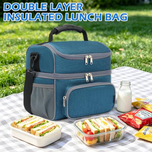 FlowFly Double Layer Cooler Insulated Lunch Bag Adult Lunch Box Large Tote Bag for Men, Women, With Adjustable Strap,Front Pocket and Dual Large Mesh Side Pockets - color: Lake Blue