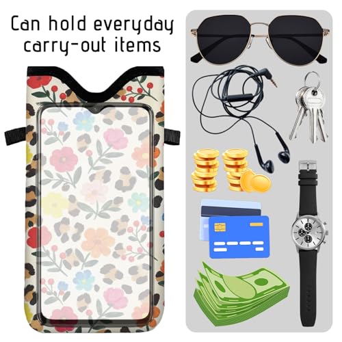 GLOBLELAND Flower Nylon Cell Phone Sleeve Pouch Case Bag 7.1×3.9 inch Leopard Print Shockproof Universal Phone Bag with Crossbody Strap Neck Lanyard for Women Men Phone Headphones Watch - color: Flowers