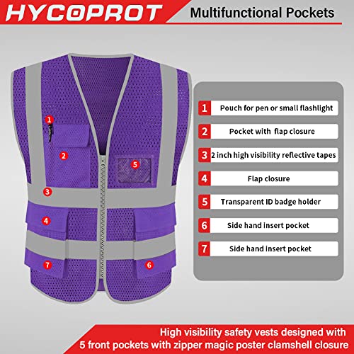 HYCOPROT High Visibility Mesh Safety Reflective Vest with Pockets and Zipper, Meets ANSI/ISEA Standards - color: Purple, size: Medium
