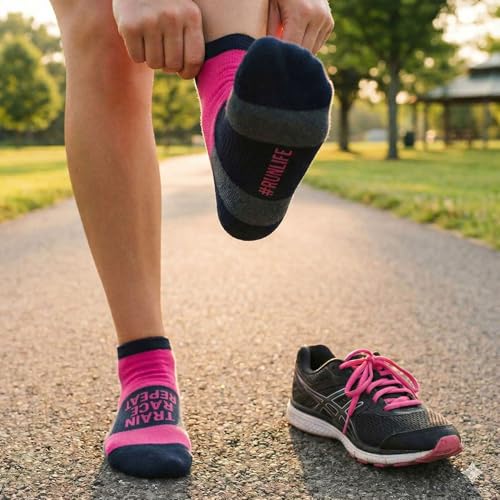 Gone For a Run Motivational Ankle Running Socks - Affirmation Runners Gifts - color: Train Race Repeat (Pink/Navy)