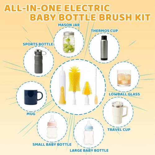 Portable Electric Bottle Brush Cleaner with Storage Box, 4-in-1 Kit - color: Yellow