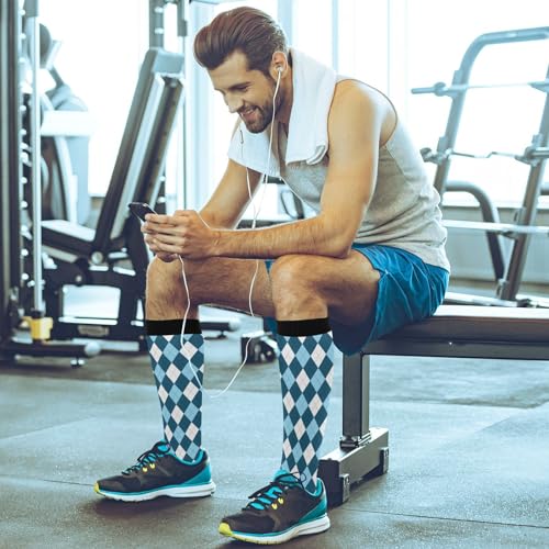 JUNZAN Buffalo Plaid Red Black Knee High Socks Compression Socks for Women Men Kid for Running Sports Nurse - color: Argyle Plaid Blue White
