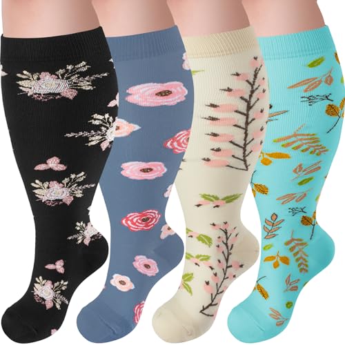 4 Pairs Plus Size Compression Socks,Extra Wide Calf 20-30 mmHg Knee High Compression Socks for Men Women Circulation - color: 08-grey Flower, size: XX-Large