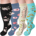 4 Pairs Plus Size Compression Socks,Extra Wide Calf 20-30 mmHg Knee High Compression Socks for Men Women Circulation - color: 08-grey Flower, size: XX-Large