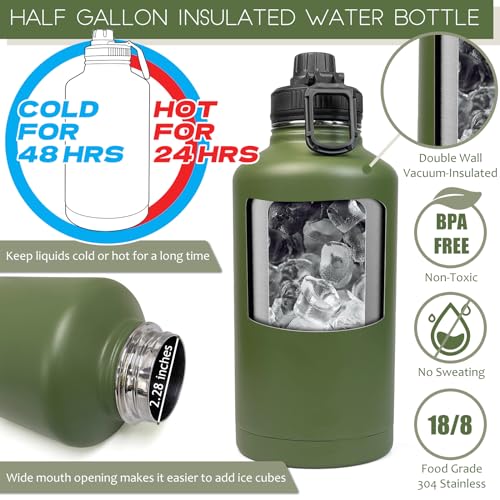 DEFUNX 64 Oz Water Bottle with Sleeve - Military Green Half Gallon Insulated Water Jug with Handle - Stainless Steel Sports Bottle for Gym Workout Hiking Camo Black Pouch - color: Green Bottle with Black Camo Sleeve, style: 64 Oz Water Bottle