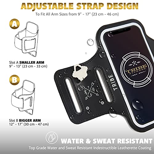 TRIBE Water Resistant Cell Phone Armband Case Running Holder for iPhone Pro Max Plus Mini SE (13/12/11/X/XS/XR/8/7/6/5) Galaxy S Ultra Plus Edge Note (21/20/10/9/8/7/6/5) Adjustable Strap & Key Pocket - color: Black, size: S: iPhone Mini/8/7/6/5/4/3/SE/Ga