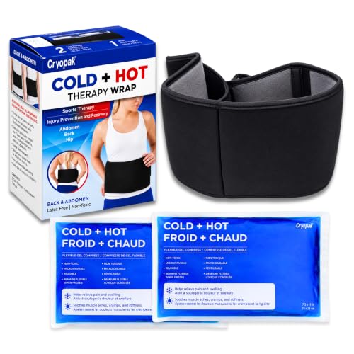 Cryopak Cold and Hot Therapy Wrap, Black, Latex-Free, Non-Toxic, for Back, Abdomen, Hip, Sports Injury Prevention, Recovery (Back/Abdomen). kit Includes Flexible Gel Compress, Sleeve and Strap. - size: back/abdomen