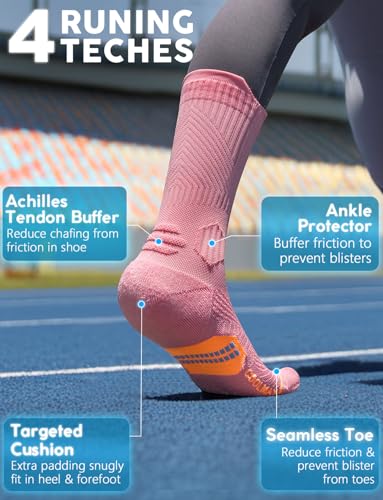 Juclise Women's Compression Crew Running & Hiking Socks, 3 Pairs, Cushioned - color: Dusty Pink, size: Small
