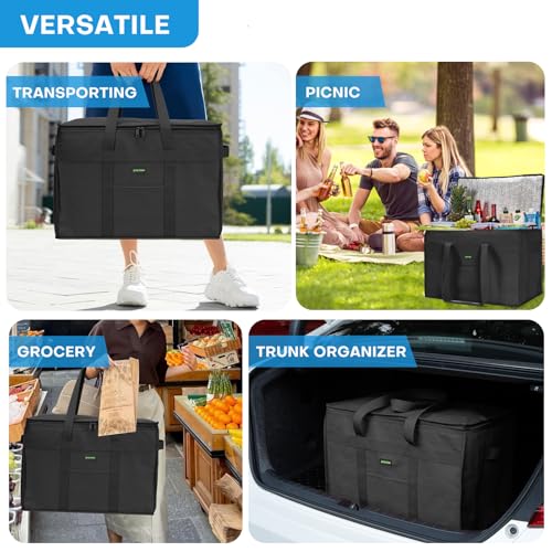 JUNGYOON Heavy-Duty Insulated Grocery Bags & Insulated Bag – Collapsible Cooler Bag with Zippered Top - color: 1 Pack-Black-27L, size: 16''x9''x12.5''