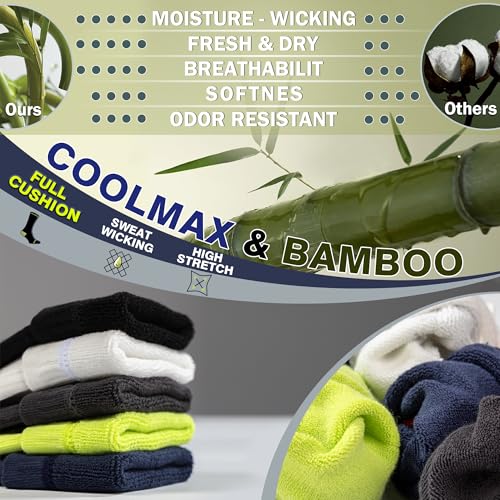 BRISIRA Coolmax Bamboo Viscose Compression Running Socks Crew Mid Calf - color: 2 Pairs Green Full Cushion, size: 9-13