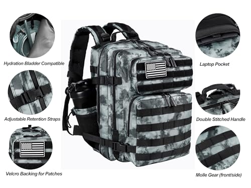LHI Tactical Military Backpack for Men and Women 25L/35L Army Assault Pack Bag Small Rucksack with Bottle Holder - color: 35l-black and Gray, size: Medium