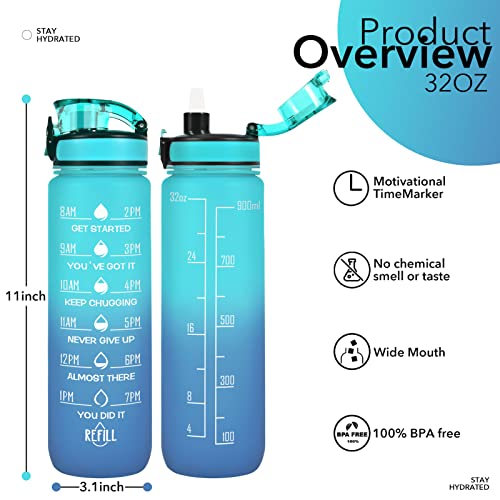 32 oz Water Bottles with Strap & Straw, Sport Motivational Water Bottles - color: Mars Green