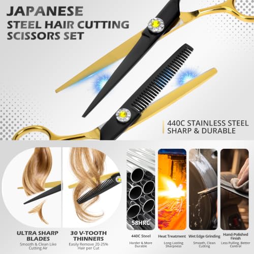 21Pcs 440C Hair Cutting Scissors Kit, Hair Scissors & Thinning Scissors Set - color: Black & Gold