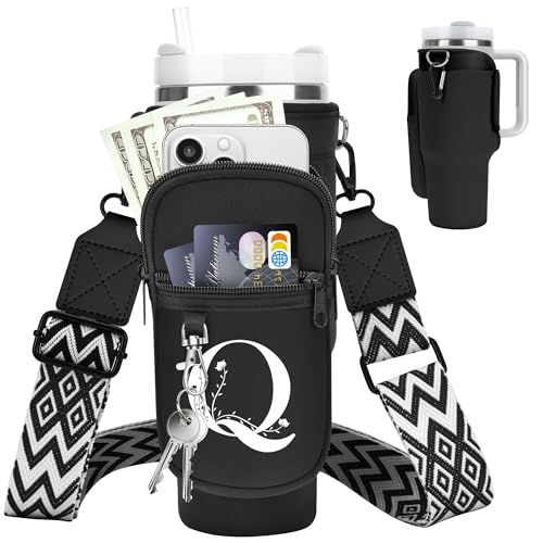 Initial Water Bottle Holder with Strap for Stanley Cup 40 oz Tumbler - color: Black, style: Q