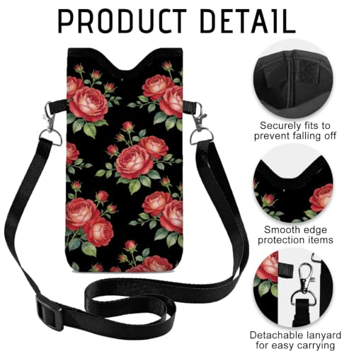 GLOBLELAND Roses Cell Phone Sleeve Pouch Case Bag 7.1×3.9 inch Flowers Shockproof Universal Phone Bag with Crossbody Strap Neck Lanyard for Women Men Phone Headphones Watch - color: Roses