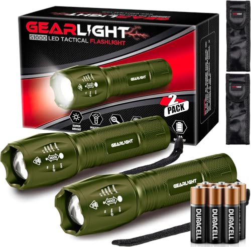 GearLight LED Flashlight High Lumens, Mini Tactical LED Flashlight 2 Pack, 5 Modes Zoomable Beam, Battery Powered for Camping, Hunting, Home & Emergency, Compact Small LED Flashlight (Army Green) - color: Army Green 2 Pack