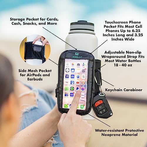 Gym Water Bottle Pouch with Waterproof Touchscreen Accessory Pocket for Phone. Keychain Carabiner, Side Mesh Pocket for AirPods. Fits 18-40 oz Stanley, Hydro Flask, Yeti, Iron Flask Bottles - style: Touchscreen Phone Pouch (Black 18-40 oz)