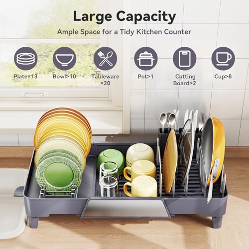 Urackify Large Dish Drying Rack, Expandable Dish Drainer, Gray