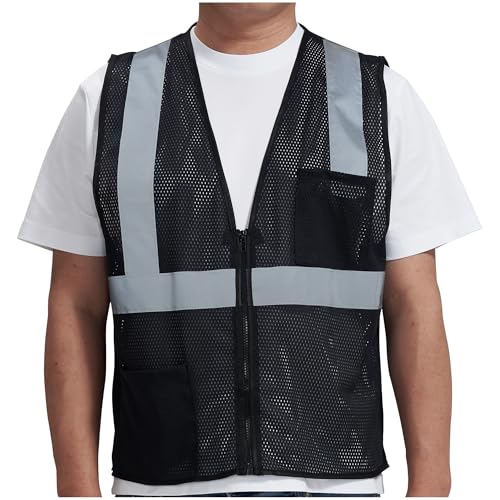 AYKRM 2 Pocket Mesh High Visibility Reflective Safety Vest for men & Women ANSI/ISEA 107 Standards - color: Black, size: X-Large
