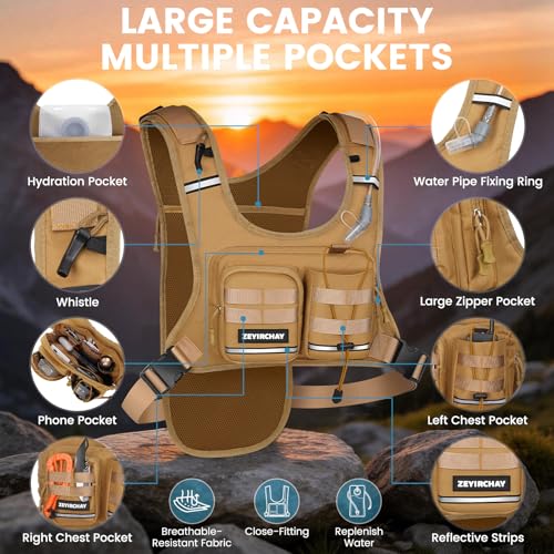 Hydration Pack Vest – Lightweight Chest Pack 2.0L Hands-Free Water Bladder Backpack, Reflective Strips, Adjustable Fit for Men and Women, Ideal for Marathon, Trail Running, Hiking, Cycling - color: Khaki