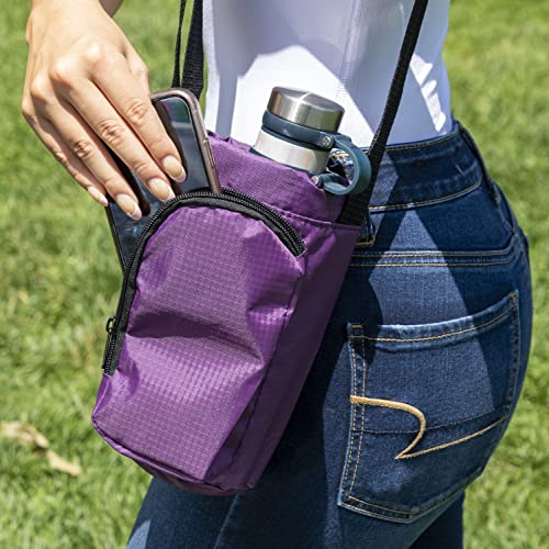 Trail maker Water Bottle Carrier Bag with Strap, Phone Pocket for Walking, Runs, Bike, Stainless Steel, Glass, Plastic - color: Purple