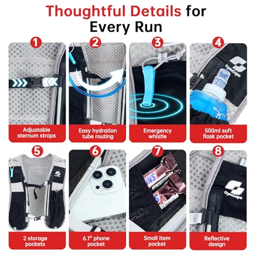 GymCope Running Vest for Women and Men, Lightweight Hydration Backpack with 500ml Soft Flask and 1.5 L Hydration Bladder, Running Hydration Vest for Marathon, Hiking, Trail and Road Running - color: Black Grey with1.5L