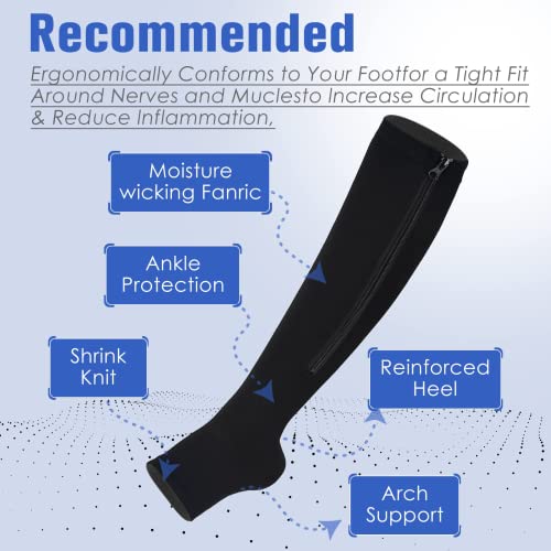 bropite Zipper Compression Socks Women & Men - 2Pairs Calf Knee High 15-20mmHg Open Toe Compression Stocking suit for Walking - color: A- Black, size: Large-x-large