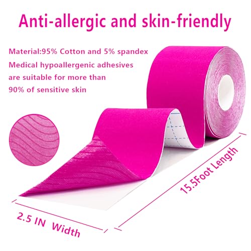 SOON GO Kinesiology Tape, 2 ih x 16.4 ft Uncut Athletic Tape, Waterproof Breathable Latex-Free, Muscle Recovery & Joint Support, Pink (1/2/5 Rolls) - color: Pink, size: 1 Count (Pack of 1)