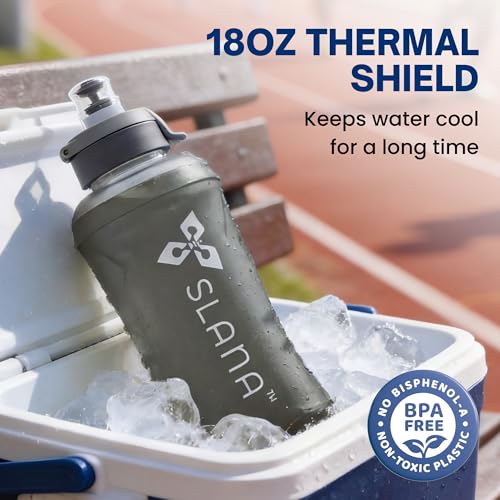 Handheld Running Water Bottle 18 oz – Grip-Free Collapsible Water Bottles for Running with Adjustable Strap & Thumbhole, Expandable Phone Pocket, Race Cap for One-Hand Drinking - color: Grey