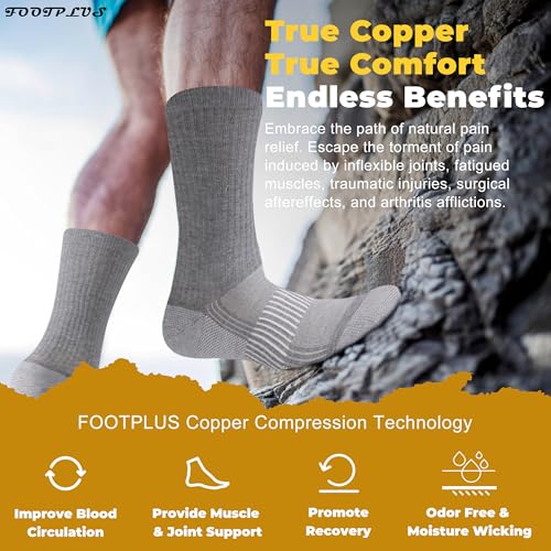 FOOTPLUS Hiking Copper Compression Socks,Unisex Cushioned Sole Arch Support Athletic Crew Running Socks - color: 6 Pairs- Light Gray Crew, size: Large-X-Large