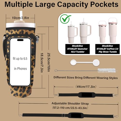Water Bottle Carrier Bag for Stanley Cup 40/30oz, Neoprene Water Bottle Holder Pouch with 3 Pocket Adjustable Shoulder & Hand Strap - color: Brown Leopard Print