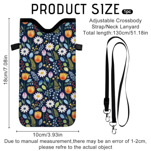 GLOBLELAND Floral Cell Phone Sleeve Pouch Case Bag 7.1×3.9 inch Flowers Shockproof Universal Phone Bag with Crossbody Strap Neck Lanyard for Women Men Phone Headphones Watch - color: Floral
