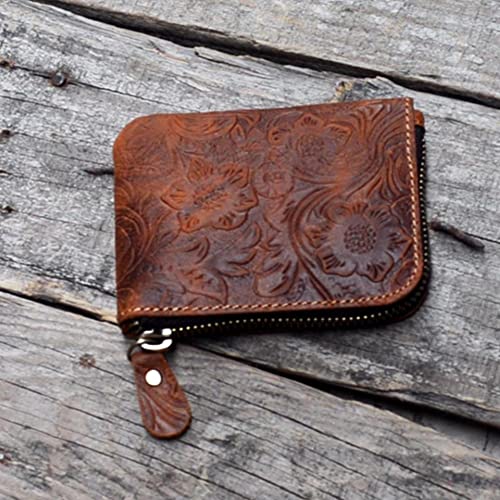 JJNUSA Genuine Leather Zipper Coin Purse Wallet With Key Car Smart Holder, Change Purse, Coin Pouch Holder For Men (Flower brown) - color: Flower brown