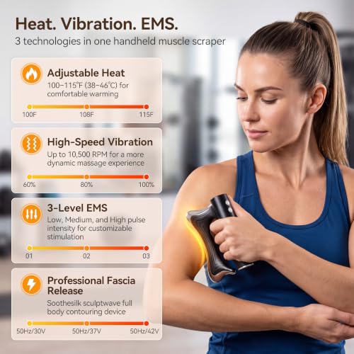 Heated Muscle Scraper Tool, Fascia Release Full Body Contouring Machine, Muscle Scraper Tool Features Modes: Vibration, Heat Therapy and Microcurrent, Fascia Instant Muscle Relaxation Soreness Relief - color: Black