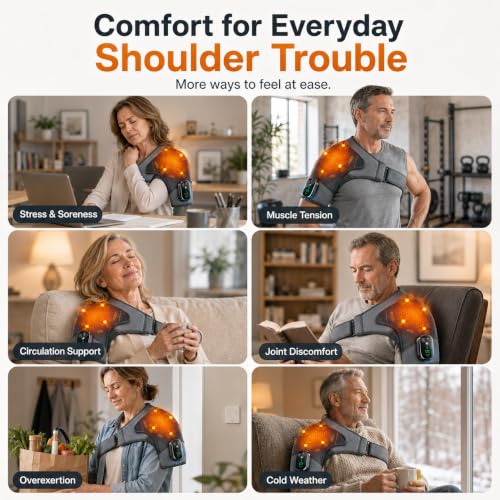 Cordless Heated Shoulder Wrap with Quiet Vibration Massage, Shoulder Heating Pad for Stiff Muscles & Everyday Comfort, Adjustable Left & Right Shoulder Brace for Men Women, Gray