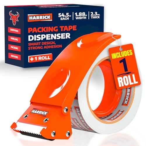 Clear Packing Tape with Dispenser 1.88 inch - Metal Strong & Durable Heavy Duty Packing Tape with Dispenser - Strong Strapping Tape with Dispenser Easy Tear & Seal - 1 Roll / 1 Dispenser / 54.5 Yards - size: 54.5 yd