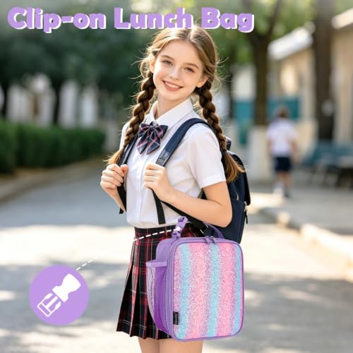 FlowFly Lunch box Insulated Soft Bag Mini Cooler Back to School Thermal Meal Tote Kit for Girls, Boys,Purple#Glitter - color: Purple#Glitter