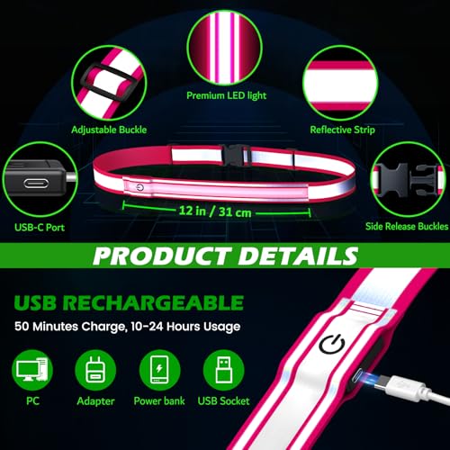 Reflective Sash Gear for Walking at Night,Flashing LED Reflective Belt Safety Lights for Walkers Night Dog Walking Biking Running,High Visibility Rechargeable With Wear 2 Ways for Men Women - color: Pink