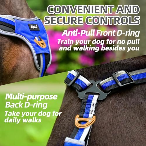 PUPTECK Escape Proof Dog Harness with Padded Handle, No Pull Pet Vest Harness Durable Reflective for Medium Large Dogs Walking Training and Running, Navy Blue, M - color: Blue, size: Medium