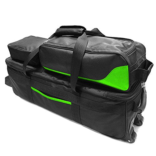 Pyramid Path Triple Tote Roller Plus Bowling Bag with Detachable Shoe Bag (Fits US Mens Size 15), Accessory and Side Pocket, Lightweight Travel Design - color: Black/Lime Green