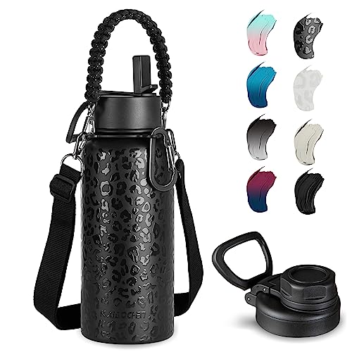 KXIAOCHEN Insulated Water Bottle with Strap, 48-Hour Cold, 2 Lids - color: Black Leoqard, size: 32 Ounces