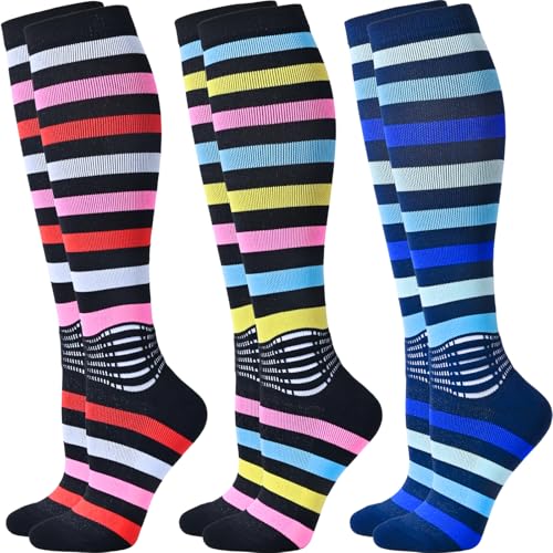 IRAMY Compression Socks Women Ankle Support Gradient Compression Wicking Moisture Knee High Socks 3 Packs - color: Black/White+black/Blue+dark Blue-3 Packs, size: Medium
