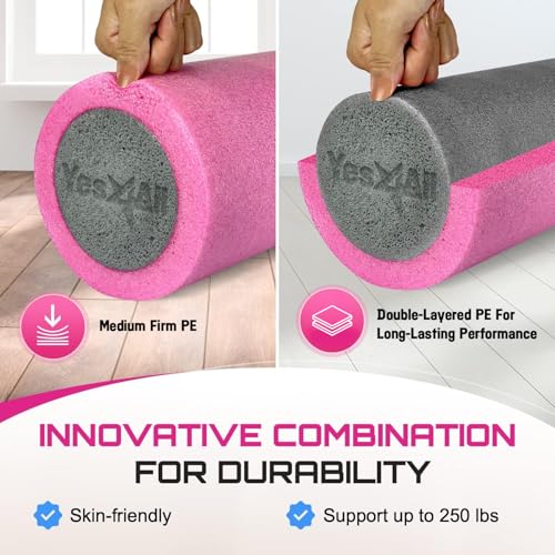 Yes4All Medium Firm Two-Layer PE Foam Roller for Yoga & Pilates - color: 24 Inches - Pink/Grey