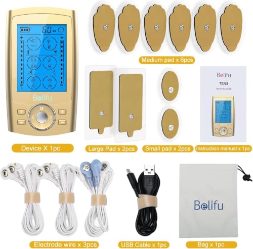 Belifu Dual Channel TENS EMS Unit 24 Modes Muscle Stimulator for Pain Relief Therapy, Electronic Pulse Massager Muscle Massager with 10 Pads, Dust-Proof Drawstring Storage Bag, Fastening Cable Ties - color: Gold