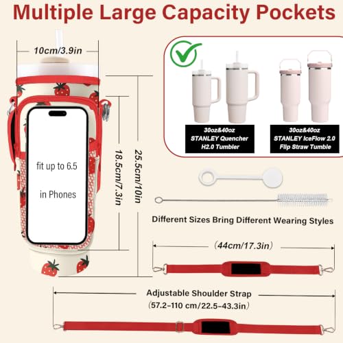 Water Bottle Carrier Bag for Stanley Cup 40/30oz, Neoprene Water Bottle Holder Pouch with 3 Pocket Adjustable Shoulder & Hand Strap - color: Cute Strawberry