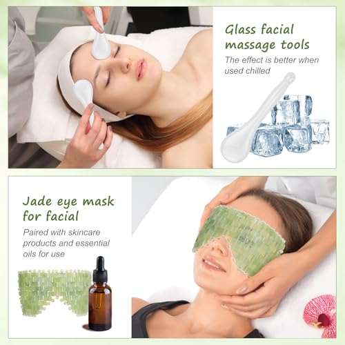 4 Pcs Jade Eye Mask & Skin-Safe Glass Facial Massage Tool, Jade Cooling Mask & Gua Sha Therapy Roller for Skincare Relieve Puffiness, Anti-Aging, Stress Relief - color: White