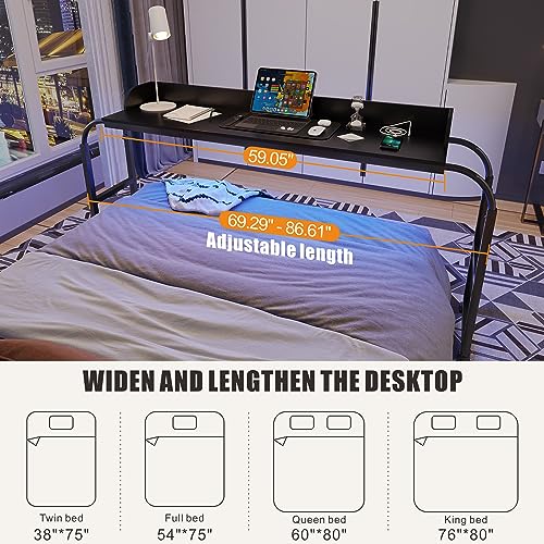 HWB Over Bed Desk with LED Light, Wheels & Charging Station, Black - color: Black
