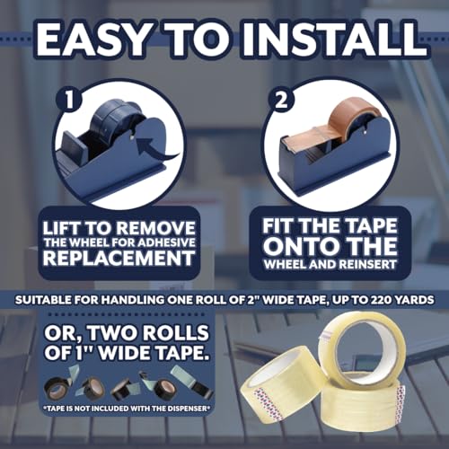 JDS 1 Pack Desktop Industrial Metal Tape Dispenser (2 Replacement Blades) - Pull and Tear Heavy-Duty Weighted Non-Skid Adhesive Roll Holder for Office, Home, School, Gift-Wrapping, and Craft Use