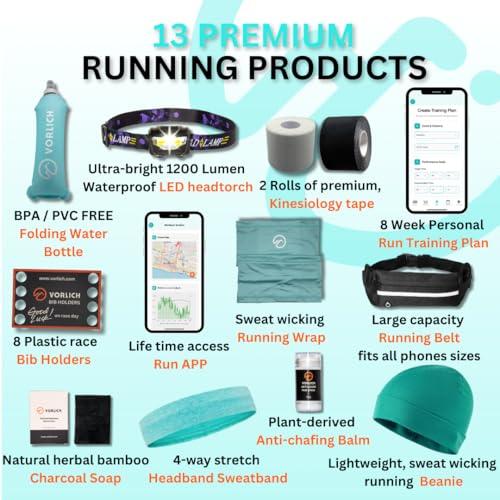 Vorlich Running Gift Box – 13 Essential Items for Runners Female & Men – Includes Run APP. Training Plan, Running Belt, Anti-Chafing Balm, LED Headtorch, Folding Water Bottle & More Female & Men – Includes Running Belt, Anti-Chafing Balm, LED Headtorch, F