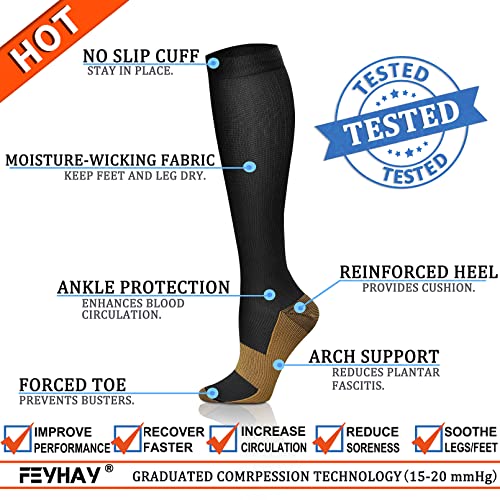 FEYHAY Copper Compression Socks (8 Pairs) 15-20 mmHg Circulation is Best Athletic & Daily for Men & Women, Running, Climbing - color: 01 Black/Black/Black, size: Large-X-Large